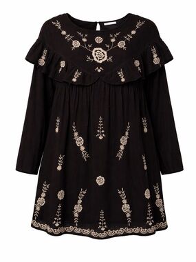 Zara Bohemian Embroidered Dress Black Floral Peasant Tunic Ruffle Long Sleeve